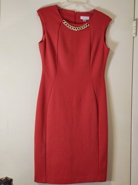 Vintage Calvin Klein Red Cap-Sleeve Sheath Dress with Chain Detail Size 4